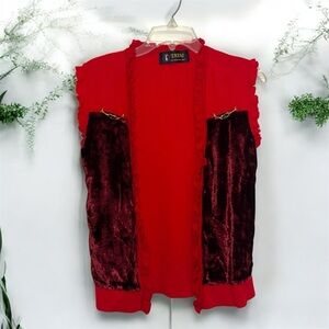 Tatai Red Burgundy Sleeveless Open Front Sweater Vest with Velour and Ruffles